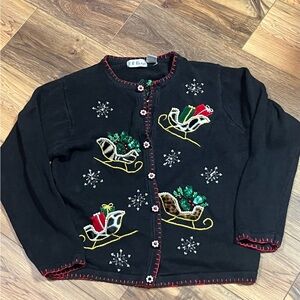 Black Holiday Cardigan with Animal Print Sleigh Embroidery
